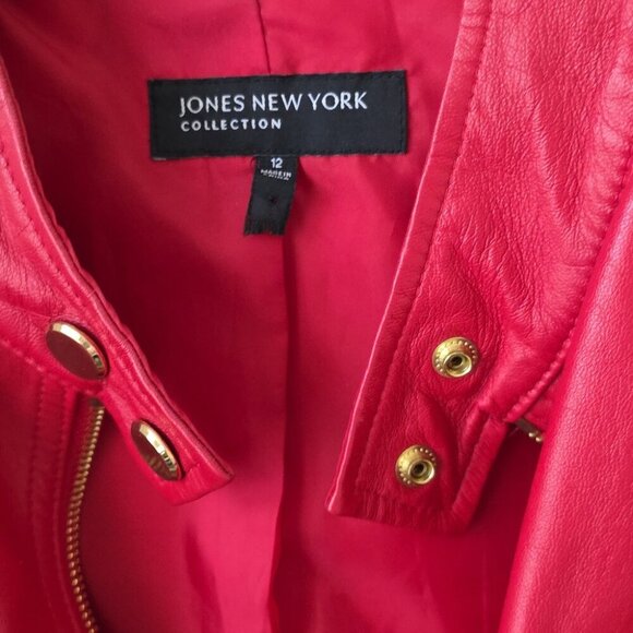JONES NEW YORK | Genuine Leather Biker Jacket Red Golden Hardware Sz 12 - Picture 4 of 5